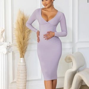 MATERNITY TAUPE PLUNGE NECK LONG SLEEVE MIDI DRESS